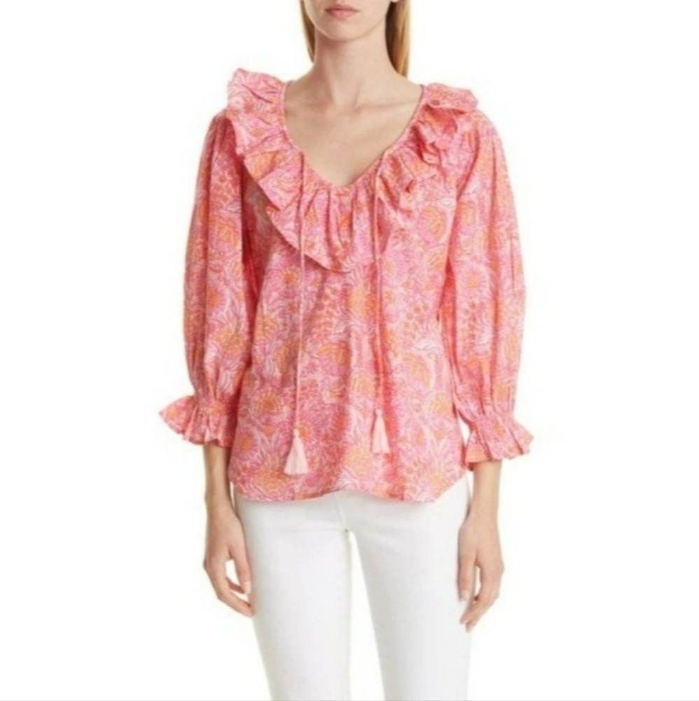 NWT Millie Resort & Travel Oversized Pink & Orange Floral Ruffle Tie Top Size M